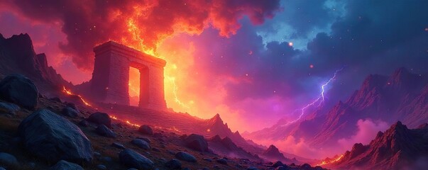 Ethereal flames dance across a mystical landscape, an otherworldly blaze consuming ancient runes  The vibrant hues suggest a potent, magical energy source ,  smoke,  ethereal,  sorcery