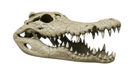 Detailed alligator skull with sharp teeth and open jaws showing bony structure and reptilian features transparent background