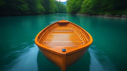 A wooden rowboat glides on a turquoise river, surrounded by lush green forest