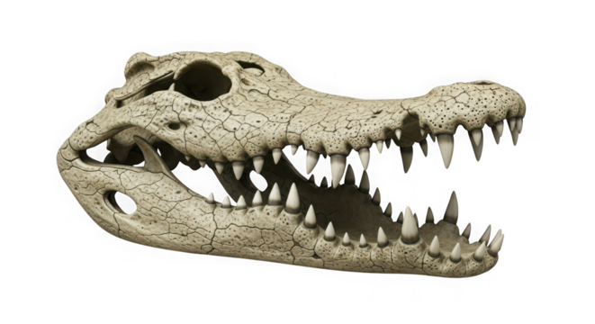 Detailed alligator skull with sharp teeth and open jaws showing bony structure and reptilian features transparent background