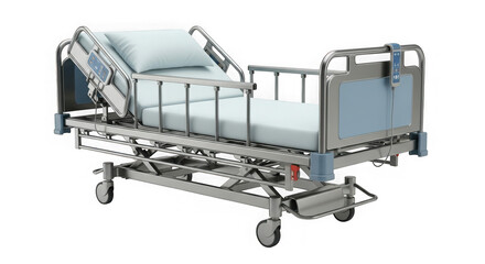 Adjustable hospital bed with side rails and wheels for patient care and comfort in medical settings transparent background