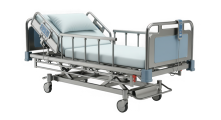 Adjustable hospital bed with side rails and wheels for patient care and comfort in medical settings transparent background