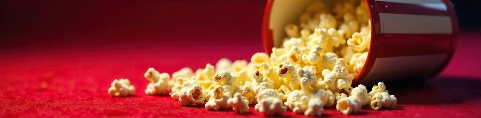 Close-up shot of movie tickets, stubs, and popcorn spilling from a bucket onto a red carpet, ready for a night at the cinema , box office, showtime, screens