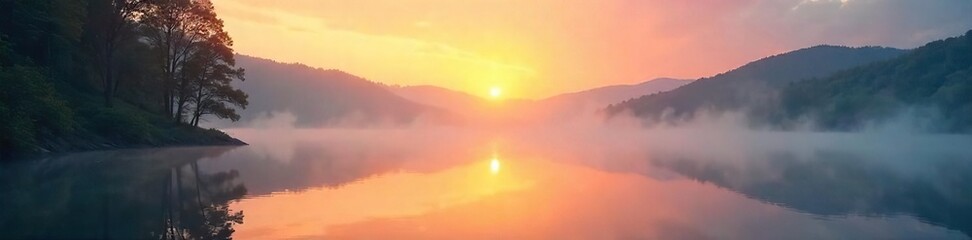Serene sunrise over a tranquil lake, reflecting soft light and peaceful mist  Perfect for meditation, yoga, mindfulness, and spiritual themes  A gentle, hopeful atmosphere ,  beautiful,  quiet