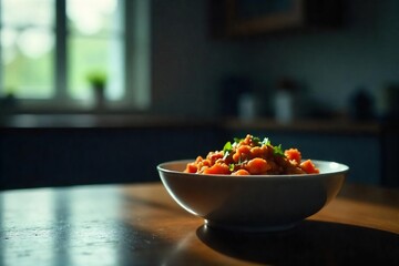 Empty bowl, untouched food, dimly lit room, conveying feelings of emptiness and lack of appetite related to depression , vegetable, low mood, vulnerable