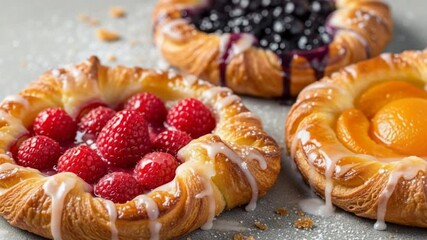 Assorted fruit danishes with glaze, including raspberry, blueberry, and peach pastries, perfect for showcasing dessert options in bakery menus or culinary blogs - Powered by Adobe