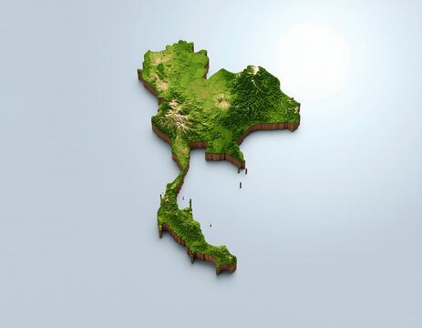 Realistic 3d relief map of thailand with green forest texture