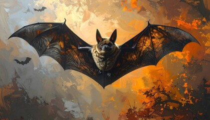 A bat in flight against a vibrant autumnal backdrop