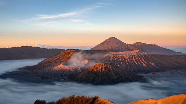 Aerial Drone Sunrise Scene of Eruption Volcano Mts. Bromo surrounded by Cloud