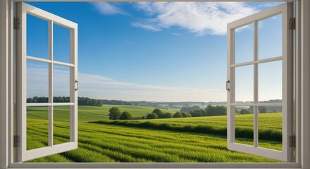 Open Window to a Green Landscape: Framing a verdant landscape beneath a vibrant blue sky, this image captures the serene beauty and invites viewers to escape and embrace the world.