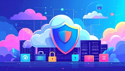A large shield with a smaller shield is positioned in front of a cloud, with server racks below and various lock icons around. This represents secure cloud computing and robust data protection