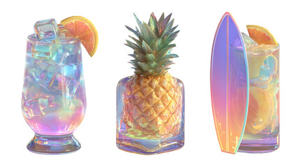 Vibrant Tropical Drinks with Pineapple and Surfboard Decor