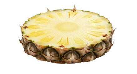 Fresh pineapple slice with spiky green crown and textured rind detailed close-up for tropical food and beverage concepts transparent background