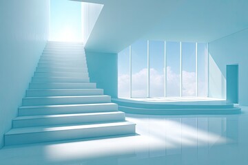 Obraz premium Light-filled, minimalist interior with stairs and large windows