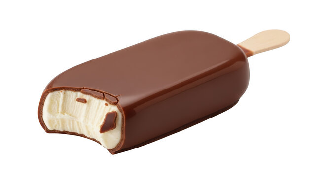 Delicious chocolate covered ice cream bar with bite taken out isolated on black