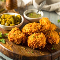 Crispy fried chicken pieces, served with a green sauce and pickled jalape?os