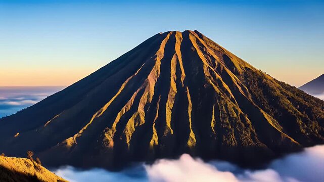 A scenic sunrise view of Mount Sumbing in Central Java, Indonesia.
