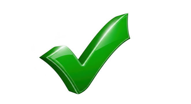 Glossy green check mark symbol for approval success confirmation and positive choices