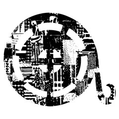 Obraz premium Vector Abstract cityscape emblem features distressed architectural forms within a circular frame.