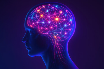 Obraz premium Mindful Connections: A glowing illustration depicts a side profile of a human head, showcasing a radiant brain illuminated with intricate connections and synapses.
