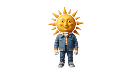Smiling sun character in denim jacket and jeans cheerful and friendly cartoon style illustration.