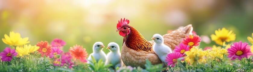 Fototapeta premium Colorful farm scene featu a hens family with hen, chicks and ducklings in a vibrant meadow with blooming flowers under bright sunlight