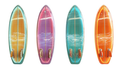 Fototapeta premium Colorful Surfboards Displayed with Vibrant Ocean Background