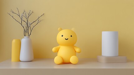 A yellow teddy bear sits on a light beige shelf.  A minimalist still life with a yellow bear toy, simple vases,  and branches in a warm yellow-beige room