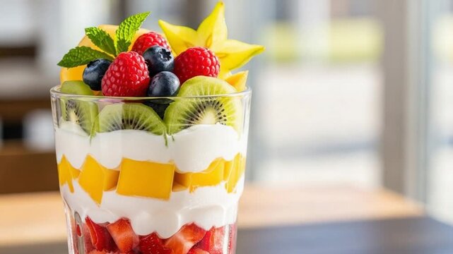 Delicious and colorful fruit parfait with yogurt layers, perfect for healthy breakfast or dessert promotions and culinary blog images.