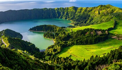 Panoramic view of a volcanic crater lake. Lush green landscape surrounds the tranquil body of water