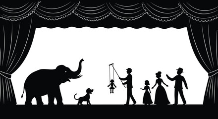 Vintage circus stage silhouette with animals, puppeteer, family, curtain backdrop, elephant, dog, puppet show, theatrical performance scene © MDALRAFIN