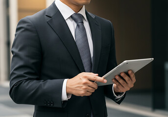 A businessman in a suit holds a tablet device, standing outdoors.