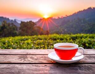 Red teacup on wooden table, sunrise over tea plantation