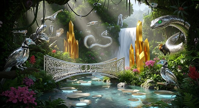 Mechanical kingdom, fantasy waterfall scenery with steel animals theme