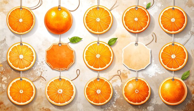 Orange slices and tags hanging from strings on a textured background