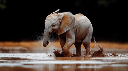 A young elephant splashes playfully in a muddy waterhole