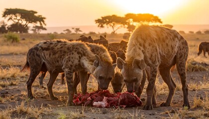 Fototapeta premium Hyenas feasting at sunrise