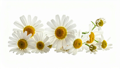 Obraz premium A cluster of delicate chamomile flowers, blossoms, and buds arranged against a stark white background.