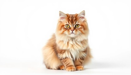 A fluffy British Shorthair cat sits on a pristine white background, gazing directly at the camera, soft, relaxed