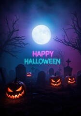 Fototapeta premium Spooky Halloween Scene: A captivating, eerily lit Halloween scene features jack-o'-lanterns, a full moon, and ominous tombstones. A visually striking and suspenseful backdrop.