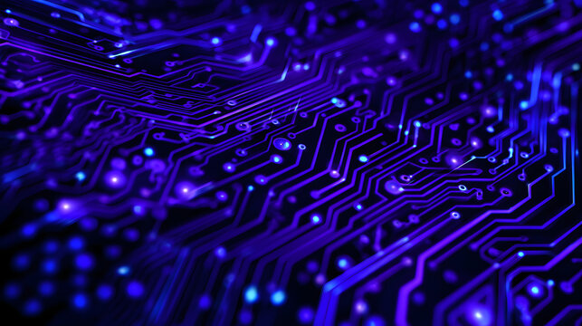 Futuristic blue and purple technology background wit abstract circuit board paterns, ideal for high-techthemes, innovation concept, and modern digital desigs