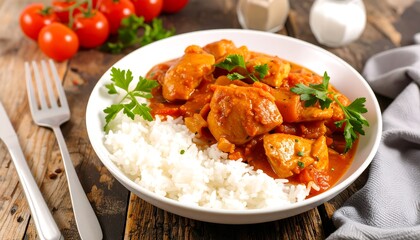 Chicken curry with rice on a wooden table