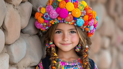 A young girl, likely indigenous, adorned in vibrant traditional headwear and clothing, smiles gently against a stone wall