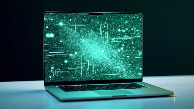 A sleek laptop displaying a vibrant green circuit pattern on its screen, set against a dark background