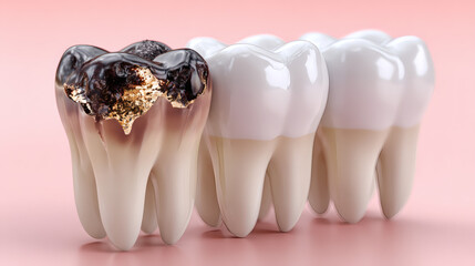 3D Illustration of Molar Teeth Damaged by Caries, Showing Cavities and Decay Progression
