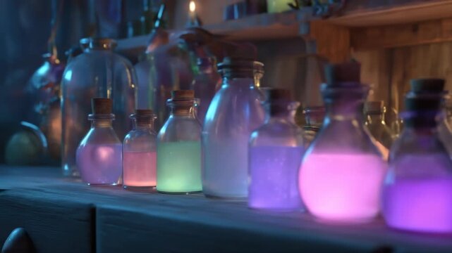 A row of glowing potion bottles with corks, illuminated by soft light. The bottles are in various colors. Shelf and background are blurred