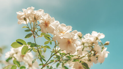Close-up of white bush roses in full bloom against a soft blue sky, embodying spring garden beauty.