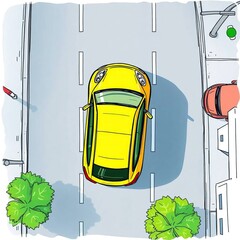 Yellow Car Driving City Street Top View.