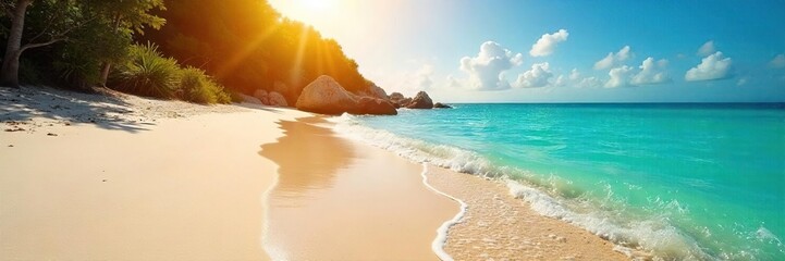 Obraz premium Golden sunlight bathes a pristine, unspoiled beach Soft sand meets crystal-clear turquoise water, untouched by human development Perfect for relaxation and escape , ocean, bright, golden