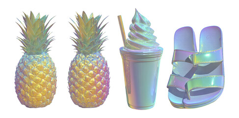 Colorful Fruit and Dessert Items with Stylish Footwear on White Background